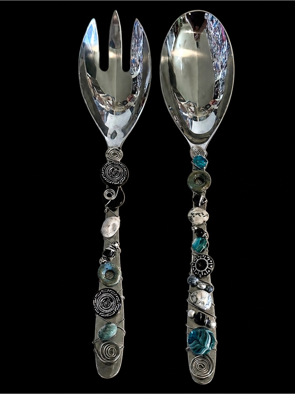 Cambridge Stainless Steel Salad Servers Beaded Wire Wrapped Handle Boho Artisan